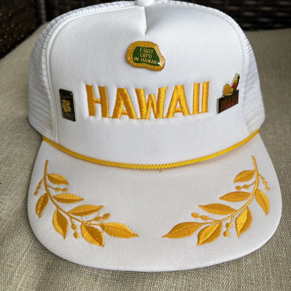 Vintage Hawaii Souvenir Captains Trucker Hat Snapback Cap Hawaiian White 80s 90s